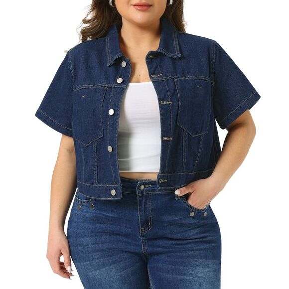 Agnes Orinda Jackets & Blazers - Women's Plus Size Short Sleeve Button Cropped Denim Jackets Dark Blue